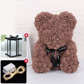 Wedding Decoration Rose Bear Artificial Flower With Box and Light Rose Teddy Bear For Women Valentines Girlfriend Birthday Gifts (Color: 25CM-Brown, Ships From: China)