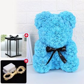 Wedding Decoration Rose Bear Artificial Flower With Box and Light Rose Teddy Bear For Women Valentines Girlfriend Birthday Gifts (Color: 25CM-Sky Blue, Ships From: China)